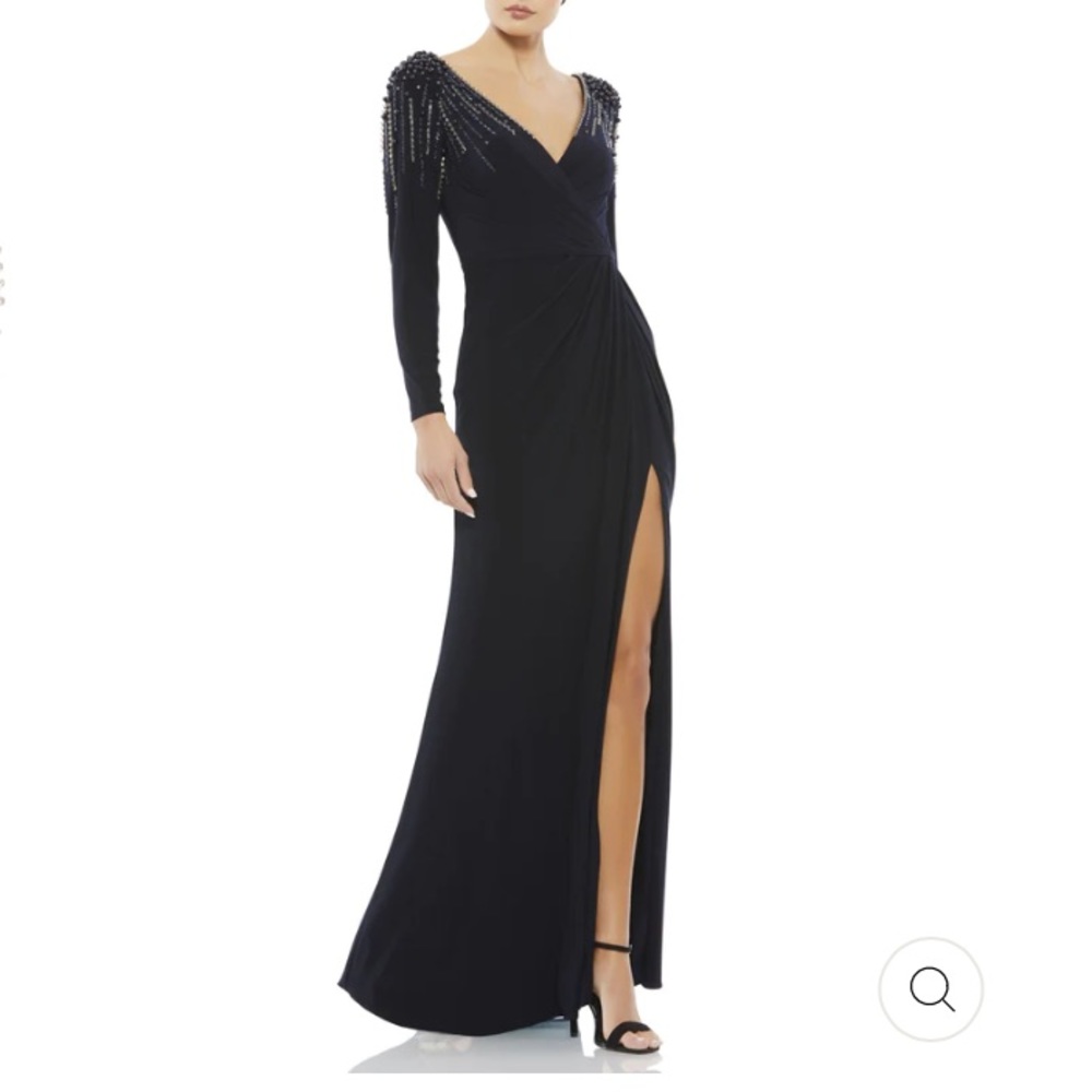 Leena Mac Duggal Long Sleeve Jersey Wrap Gown Dress Embellished V Neck Midnight